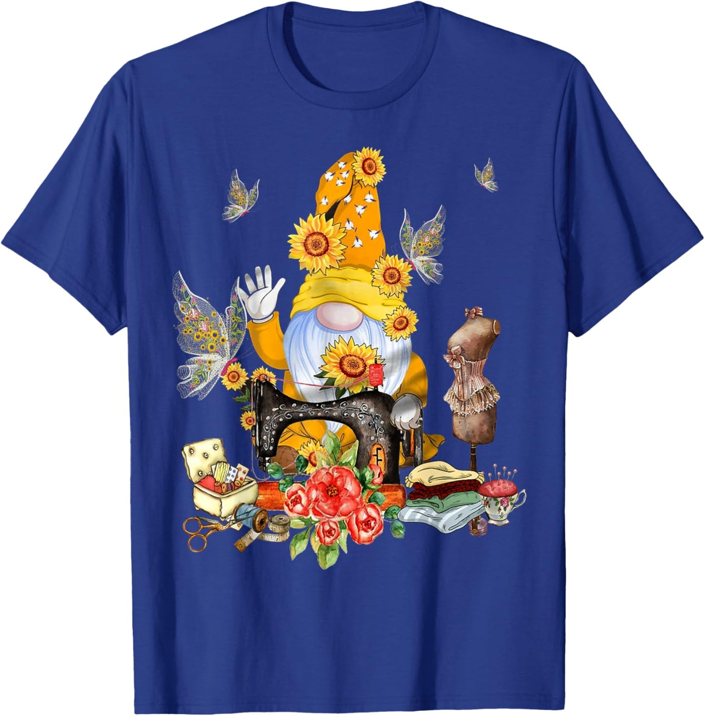 Gnome And Butterflies Quilting Funny Quilters Sewing Gnome T-Shirt - T-Shirt | Royal