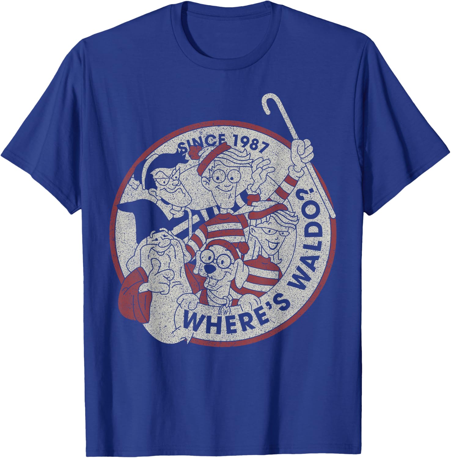 Where's Waldo Vintage 1987 Main Cast Circle Logo T-Shirt - T-Shirt | Royal