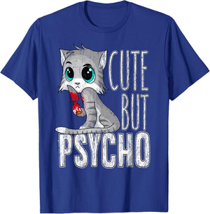 Cute But Psycho Kitty Cat Wife Mom Gift Horror Halloween Men Women Kids T-Shirt - T-Shirt | Royal