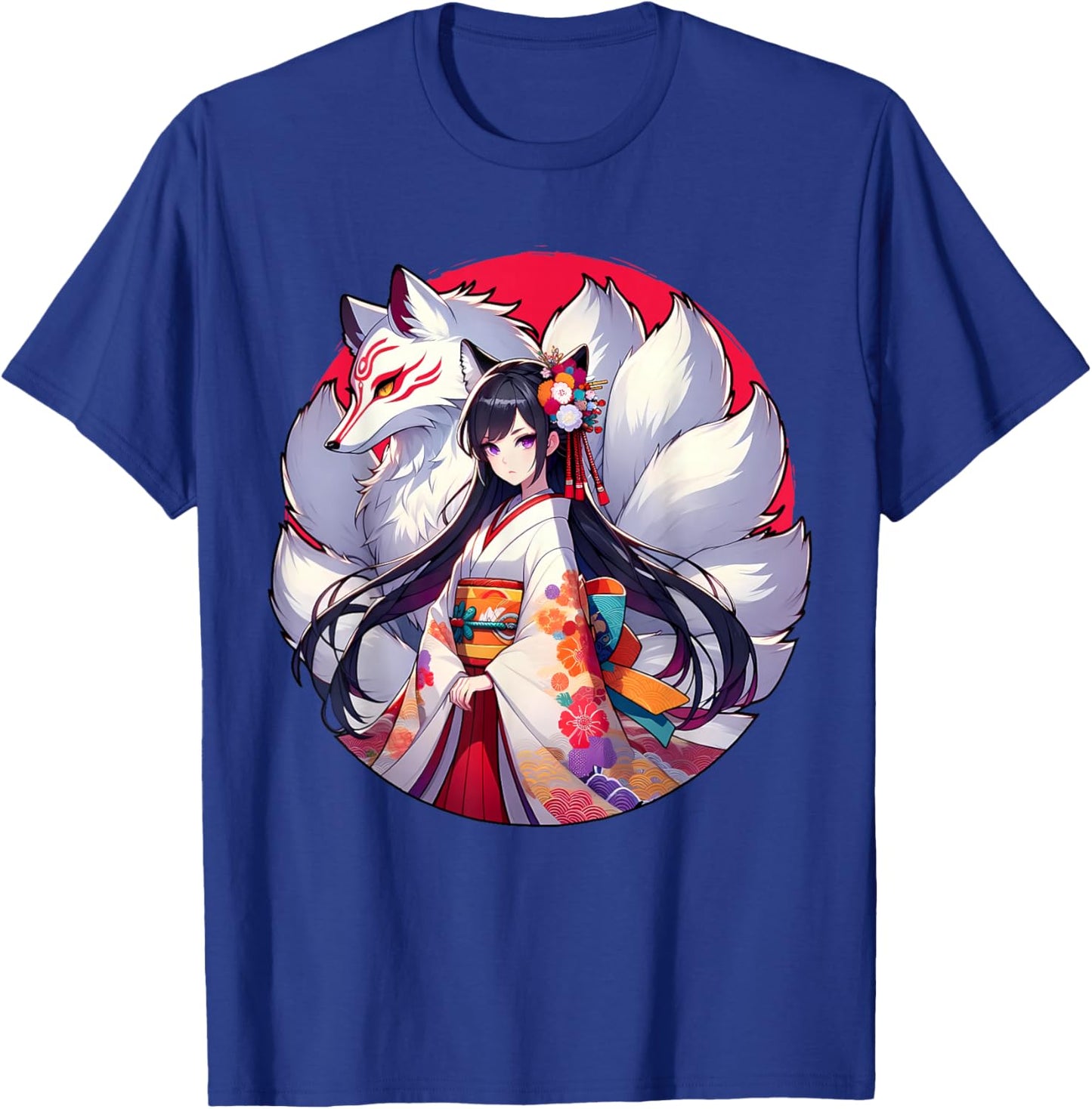 Japanese Anime Girl With Kitsune Nine Tailed Fox T-Shirt - T-Shirt | Royal