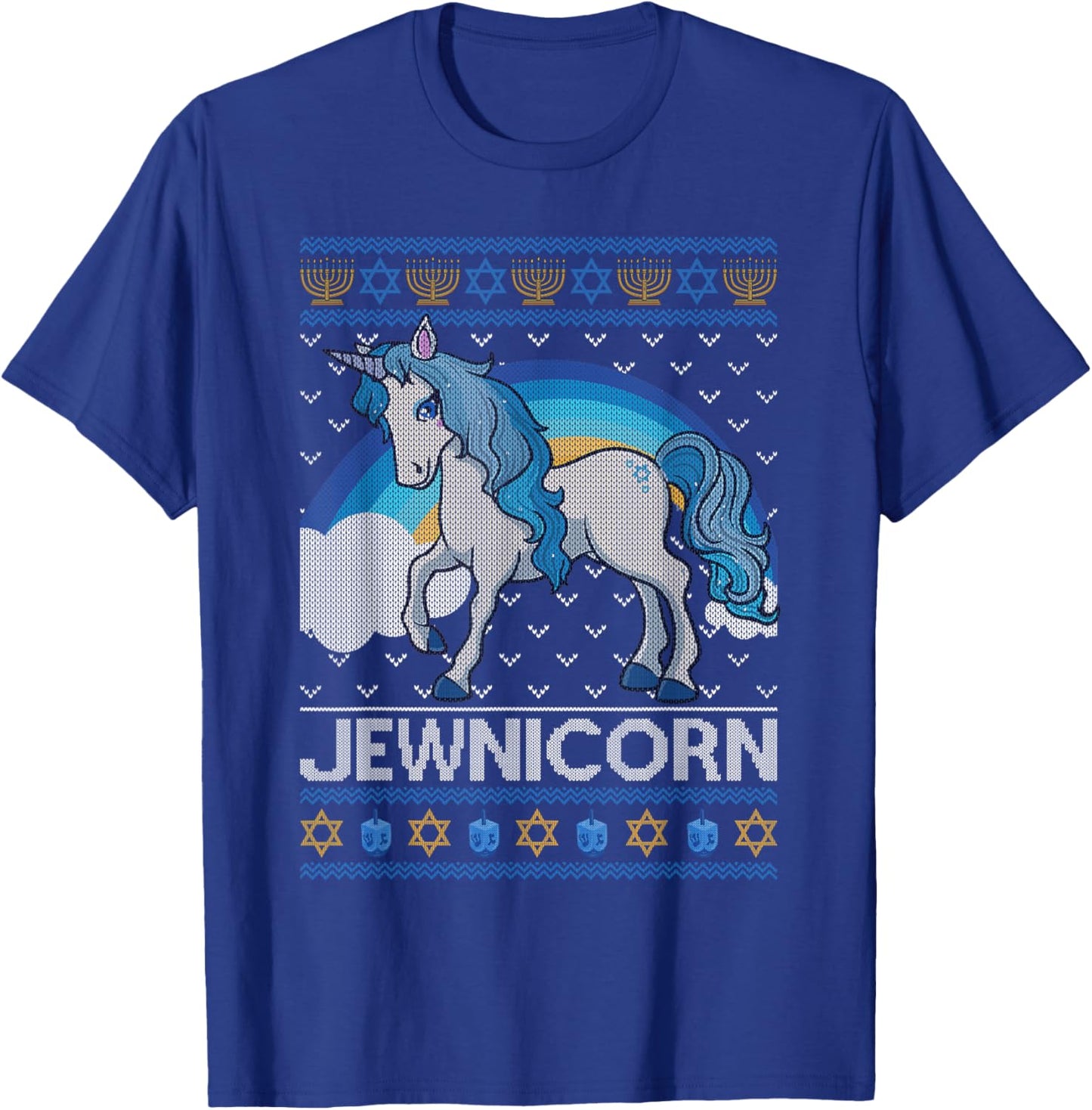 Funny Jewnicorn Jewish Unicorn Menorah Ugly Hanukkah Sweater T-Shirt - T-Shirt | Royal