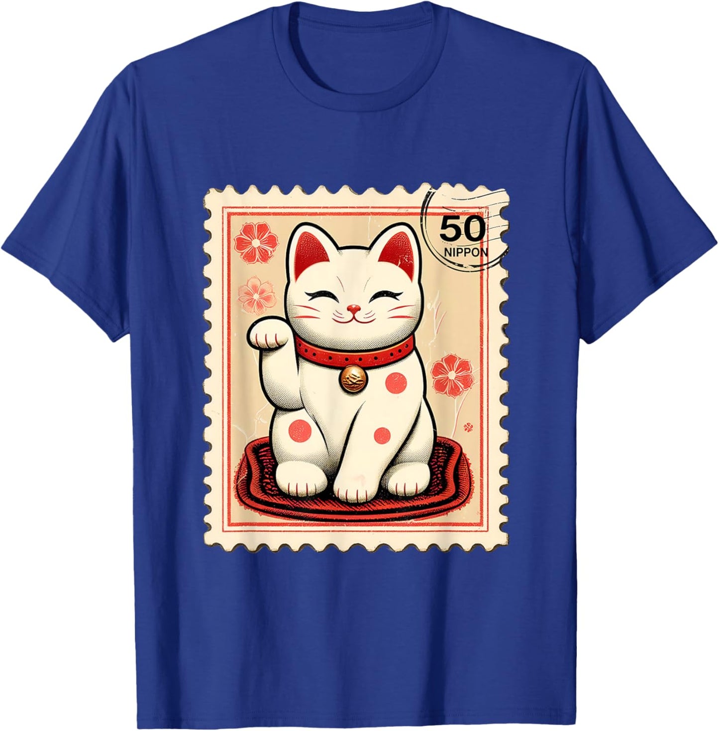 Maneki Neko Japanese Kawaii Lucky Cat Stamp Retro Aesthetic T-Shirt - T-Shirt | Royal