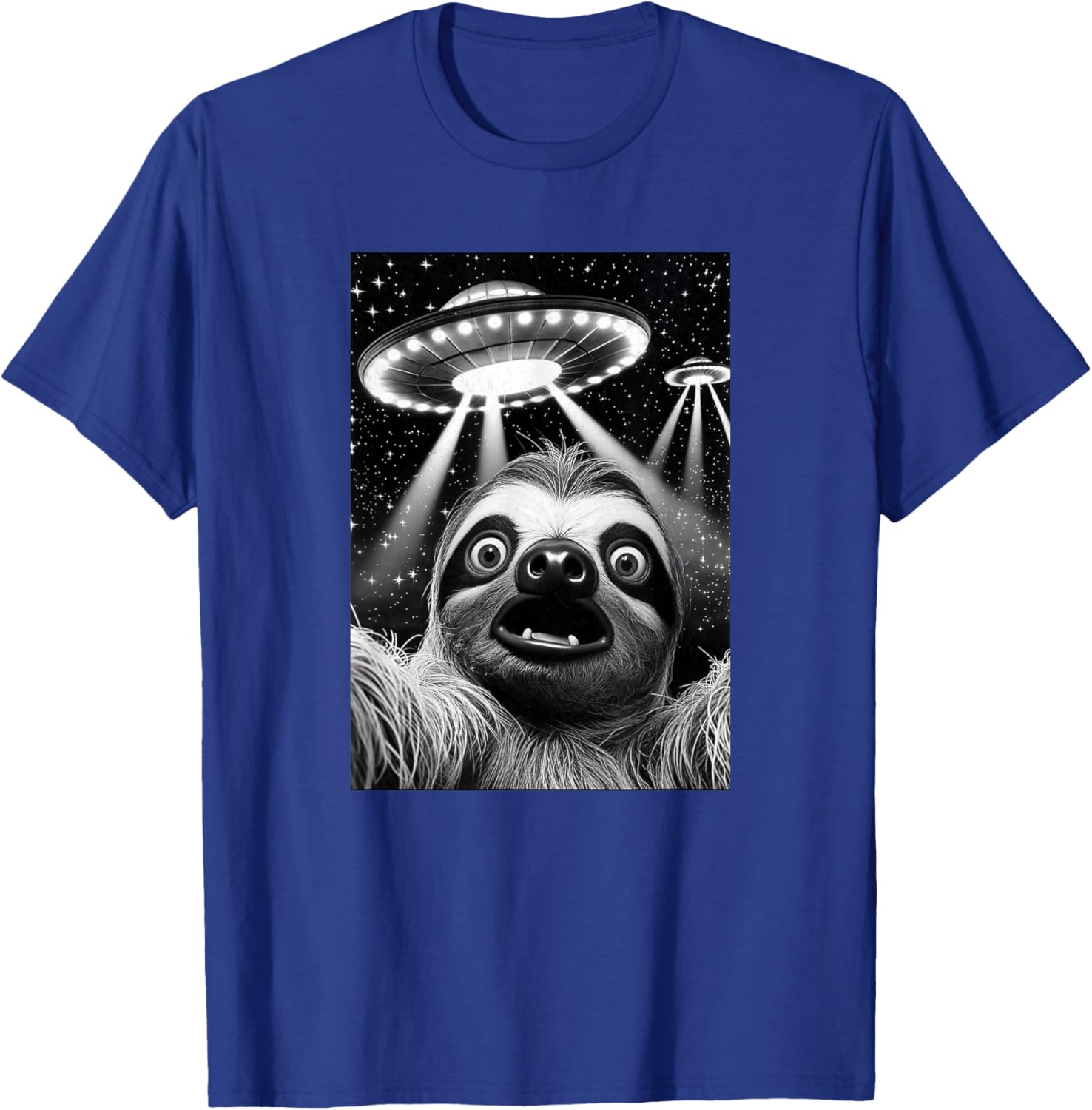 Sloth UFO | Funny Invasion Meme Retro Alien Sloth UFO Selfie T-Shirt - T-Shirt | Royal