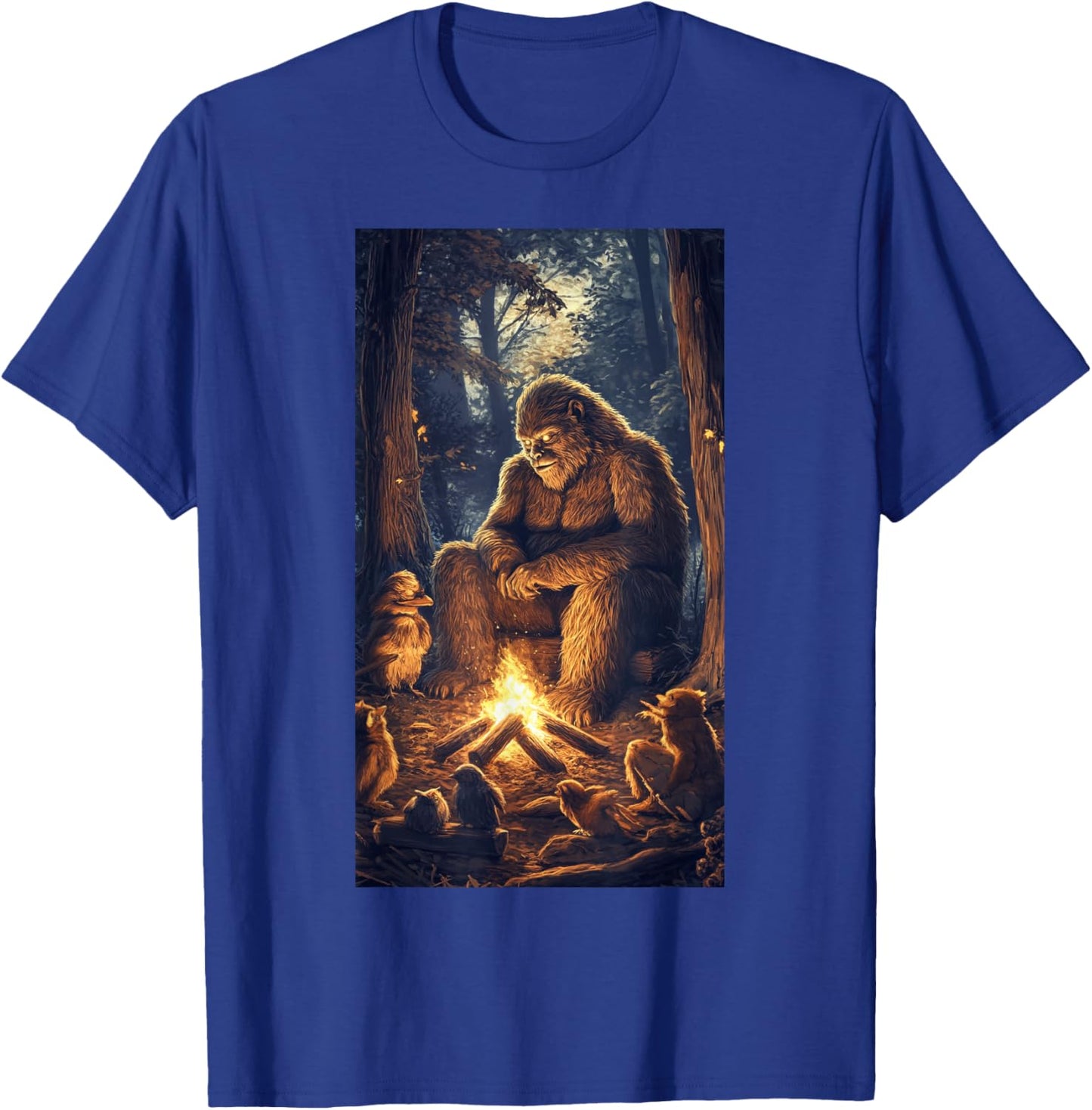 Bigfoot Campfire Woodland Sasquatch Wildlife art T-Shirt - T-Shirt | Royal