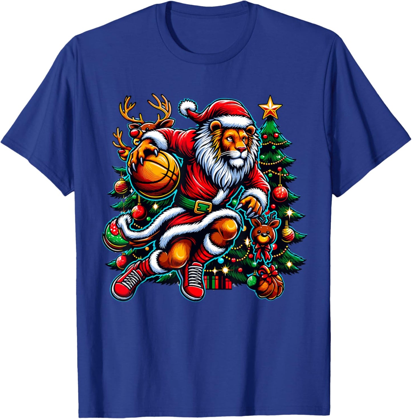 Santa Lion Play Basketball Christmas Funny T-Shirt - T-Shirt | Royal
