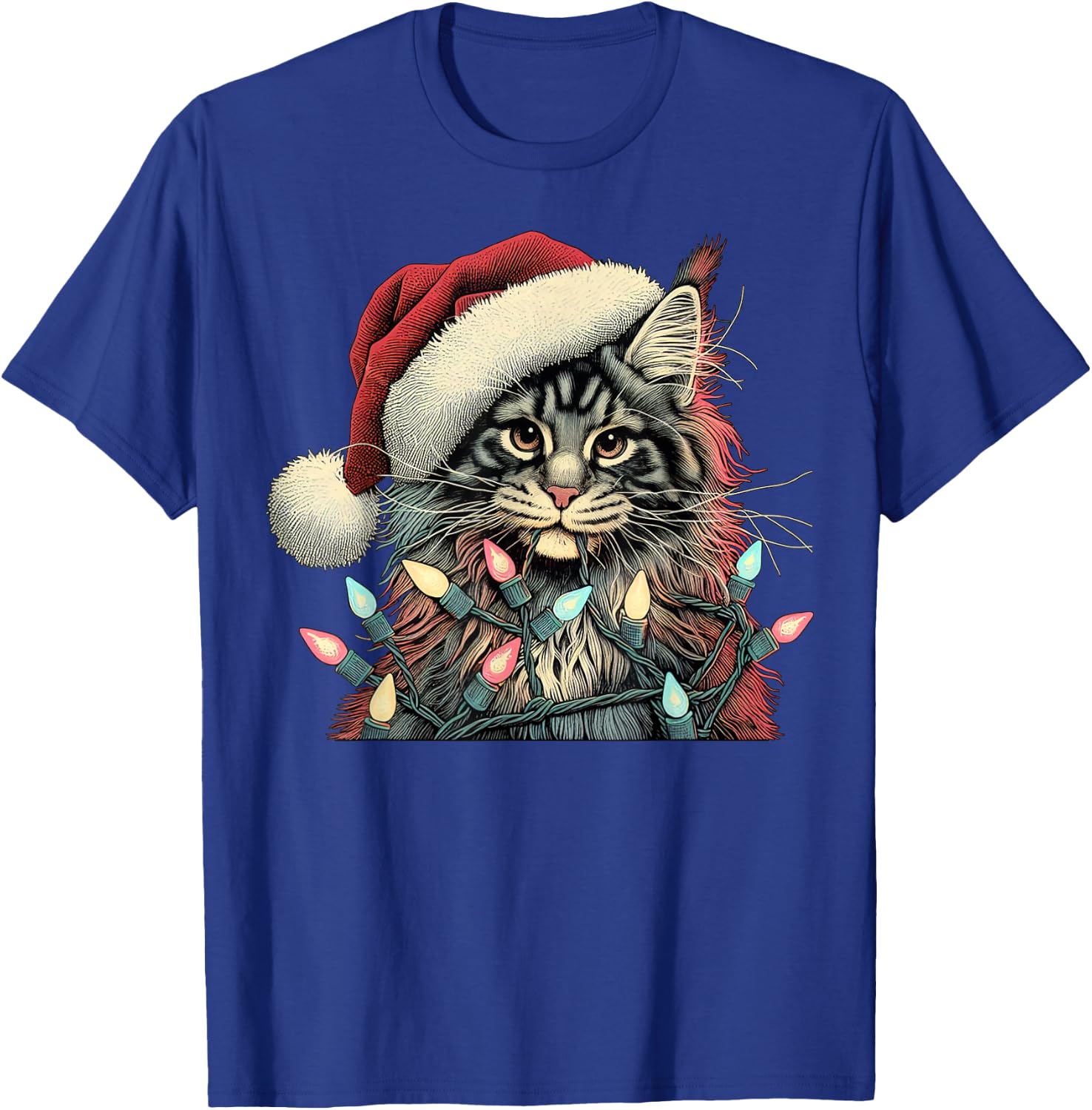 Maine Coon Cat Chew Christmas Light Xmas Holiday Funny Cute T-Shirt - T-Shirt | Royal