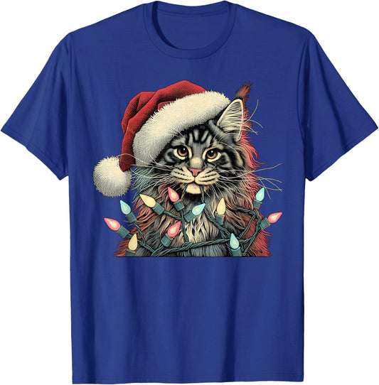 Maine Coon Cat Chew Christmas Light Xmas Holiday Funny Cute T-Shirt - T-Shirt | Royal