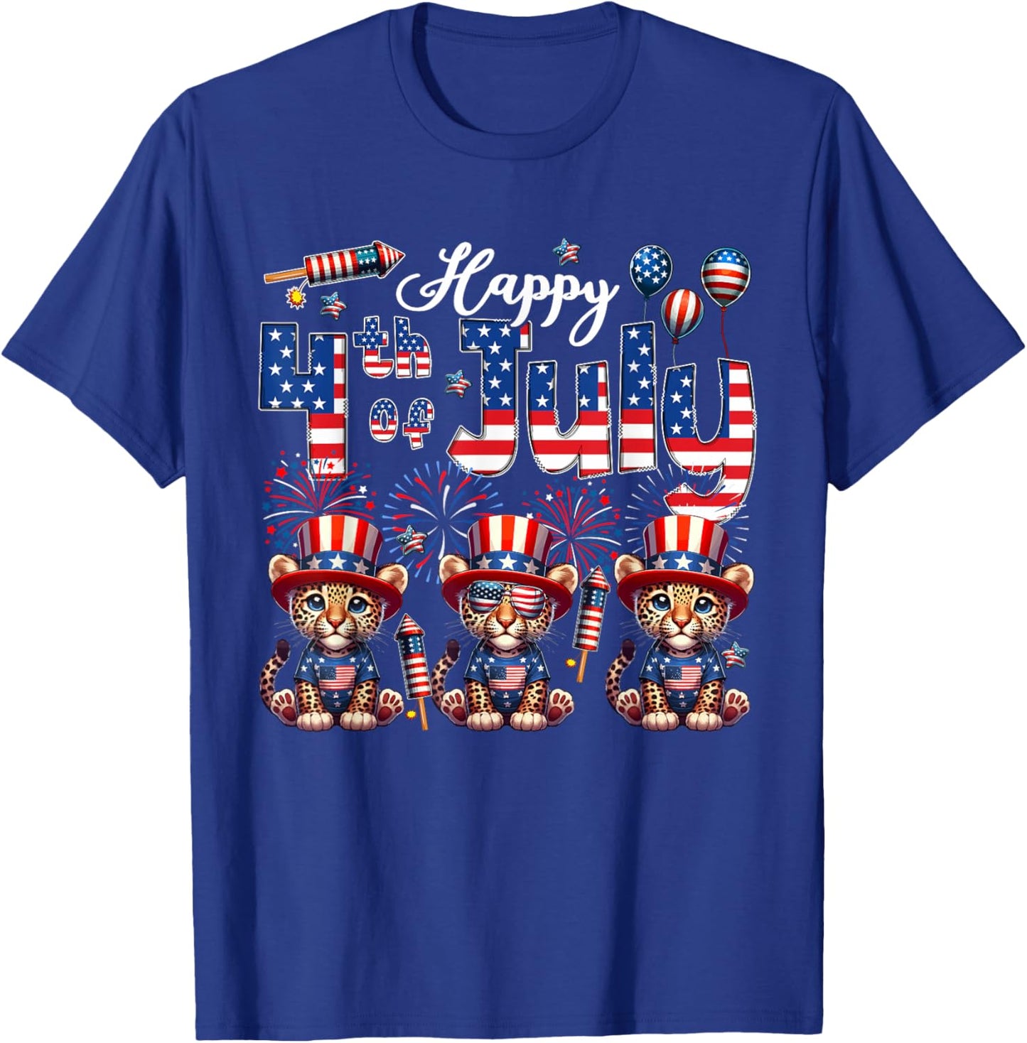 Happy 4th Of July Three Cute Leopards Sunglasses Flag Proud T-Shirt - T-Shirt | Royal