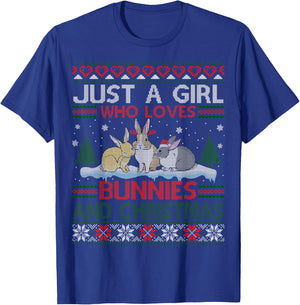 Just A Girl Who Loves Bunnies And Christmas Ugly Sweater T-Shirt - T-Shirt | Royal