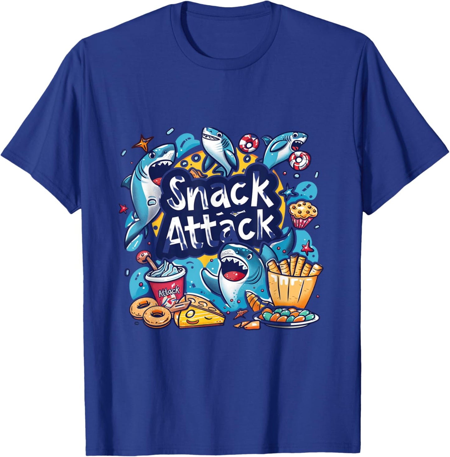 Snack Attack Funny Food Foodie Munchies Children Kids Shark T-Shirt - T-Shirt | Royal