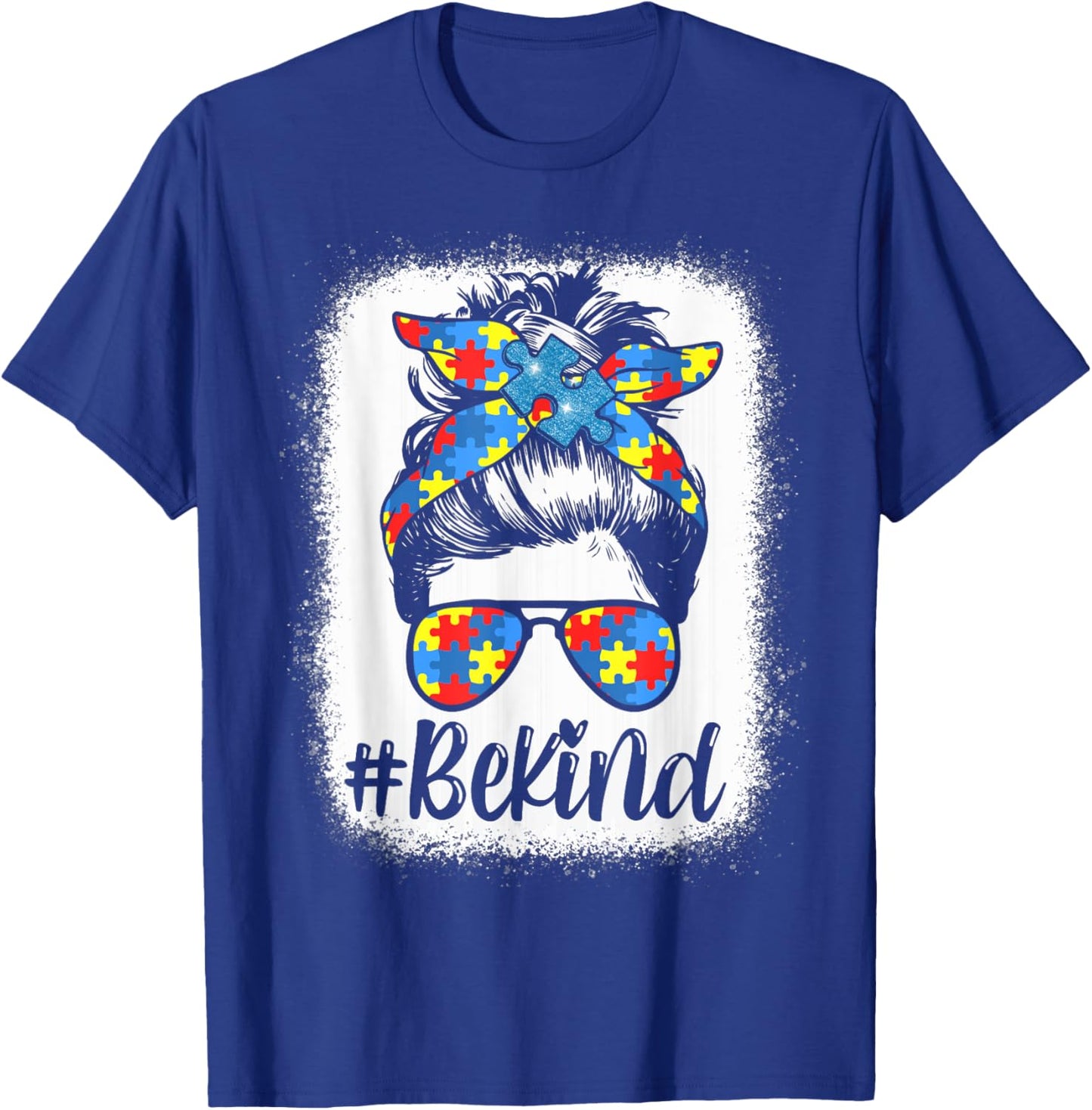 Be Kind Autism Awareness Girl Women Messy Bun Hair Gifts T-Shirt - T-Shirt | Royal