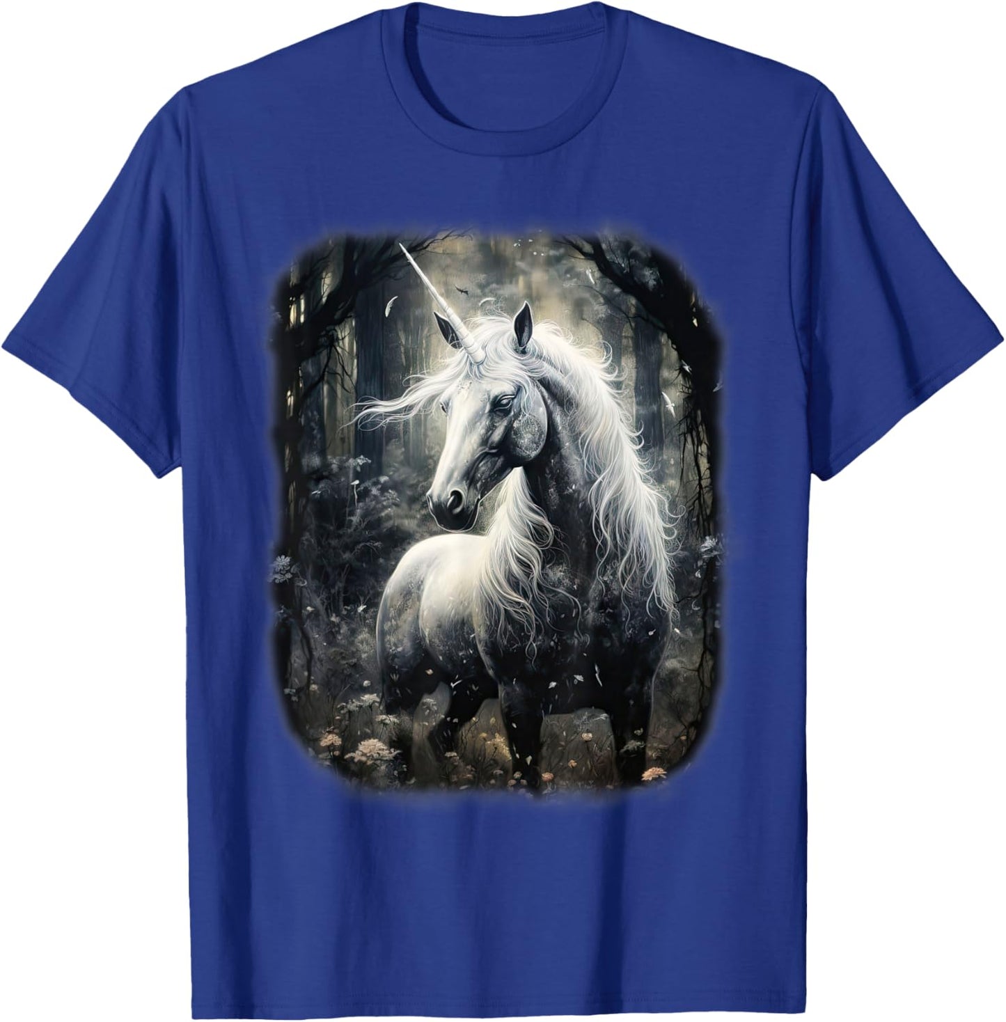 Fantasy white Unicorn standing in a Forest T-Shirt - T-Shirt | Royal