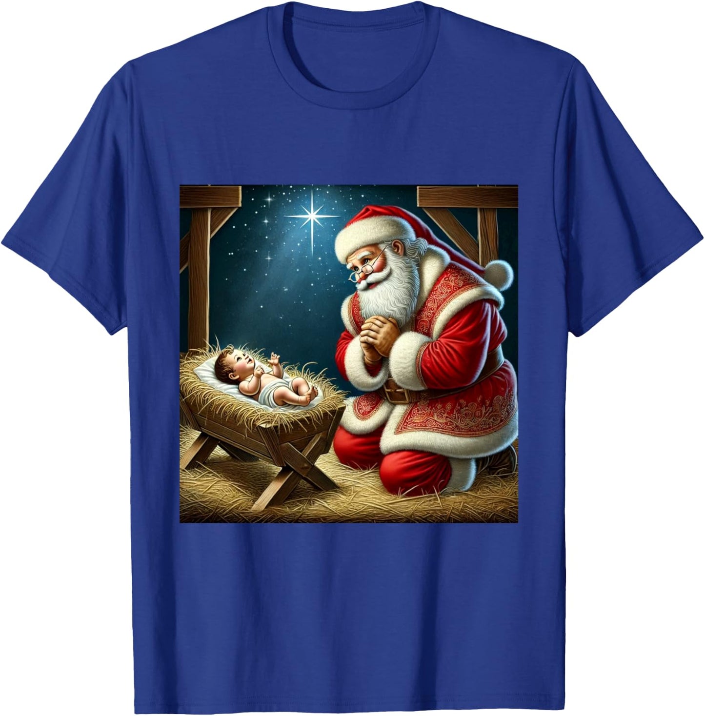 Santa Kneeling Before Baby Jesus Christmas T-Shirt - T-Shirt | Royal