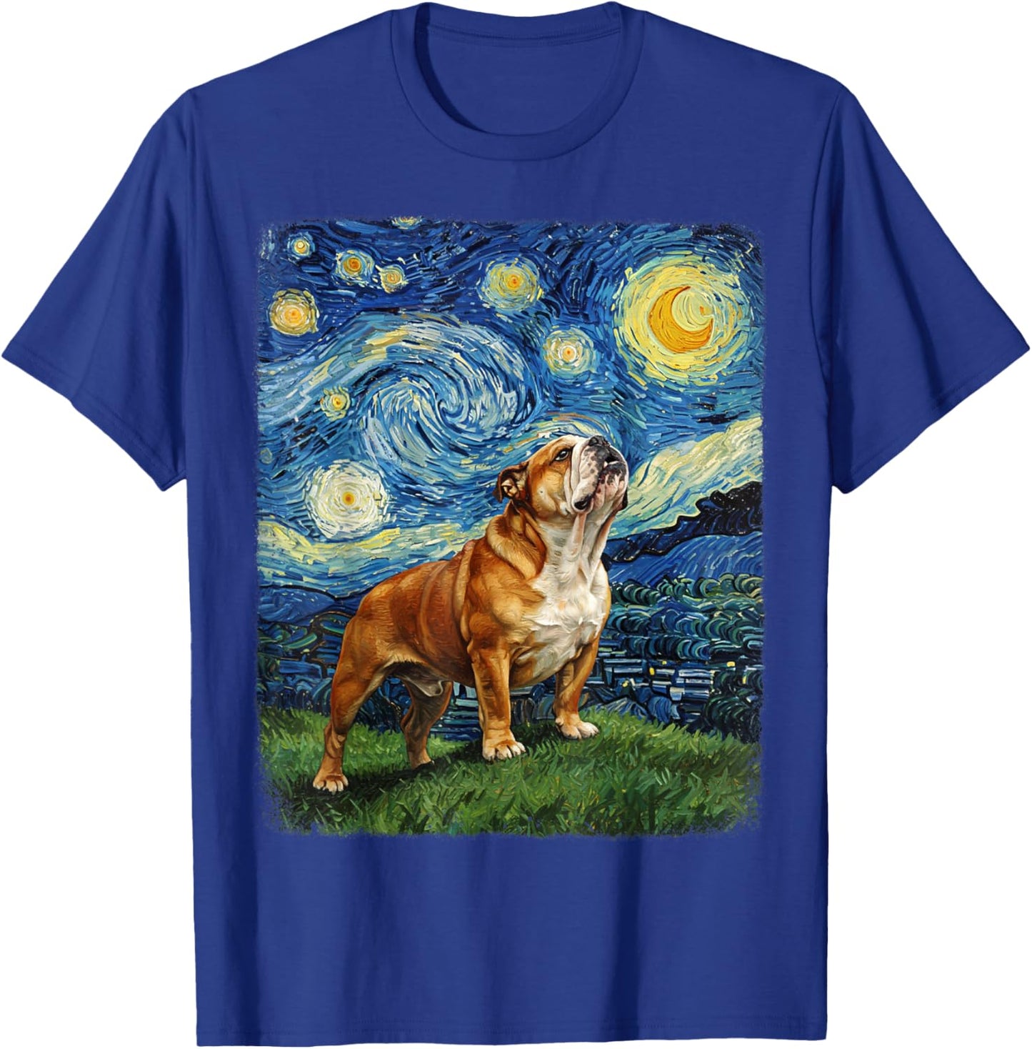 Bulldog Howling At Moon Starry Night Van Gogh Funny T-Shirt - T-Shirt | Royal