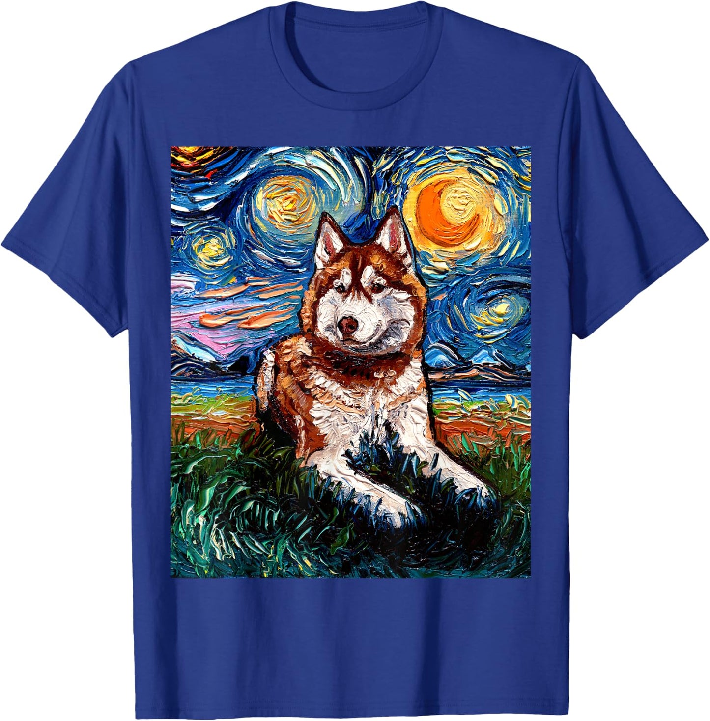 Red Siberian Husky Starry Night Alaskan Malamute Dog Artwork T-Shirt - T-Shirt | Royal