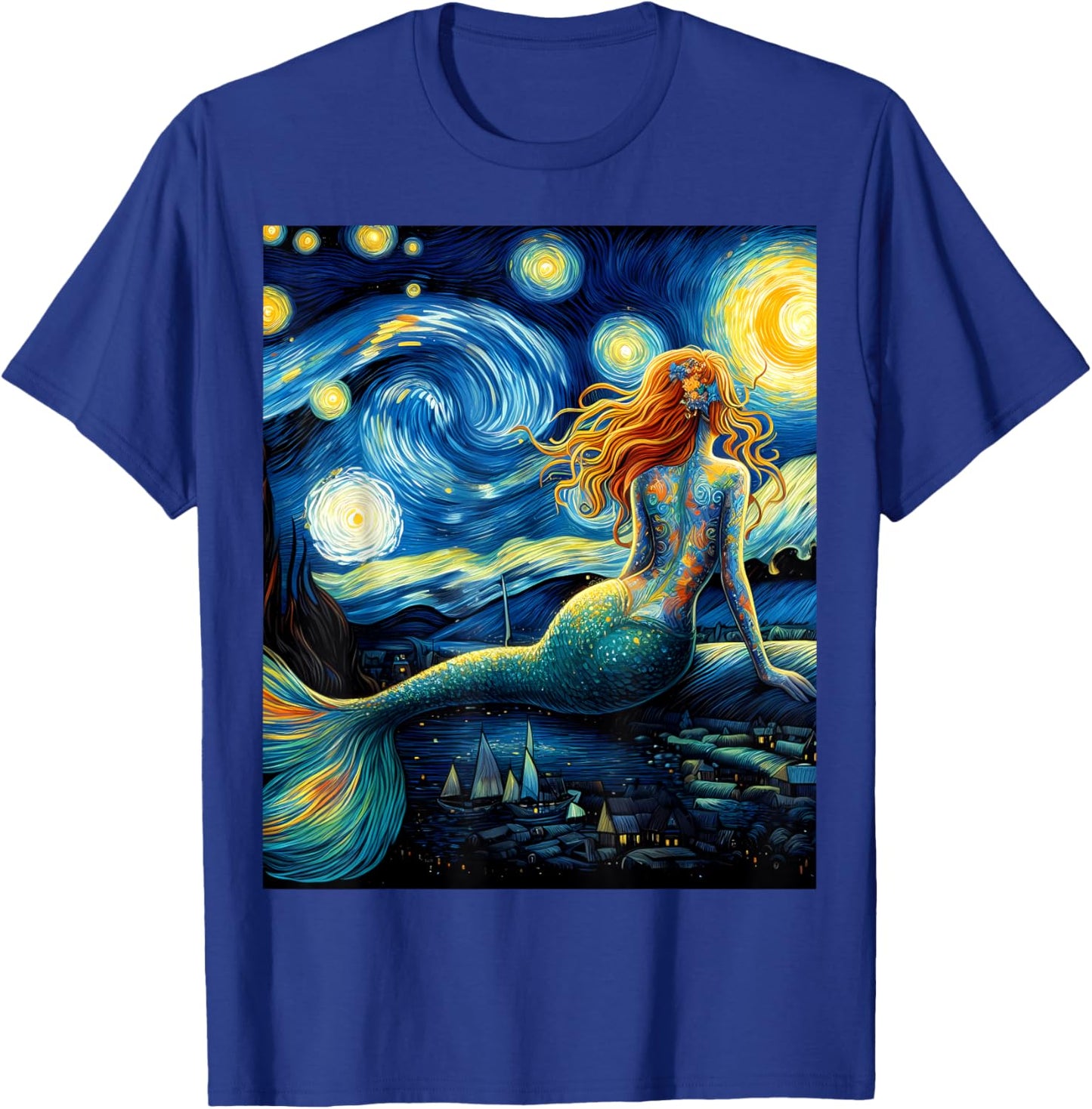 Mermaid Under Starry Night Sky Art Graphic Christmas T-Shirt - T-Shirt | Royal