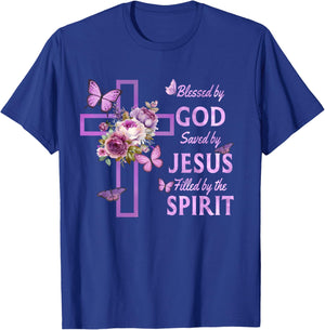Blessed by God Saved by Jesus Purple Floral Cross Christian T-Shirt - T-Shirt | Royal