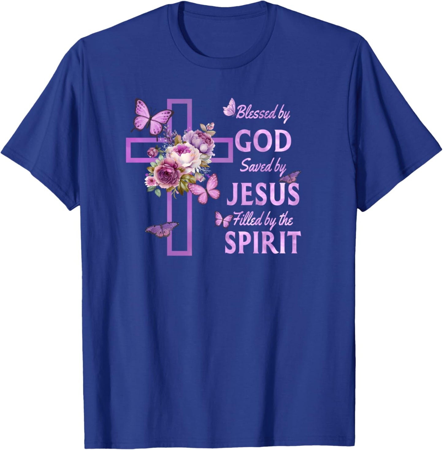 Blessed by God Saved by Jesus Purple Floral Cross Christian T-Shirt - T-Shirt | Royal