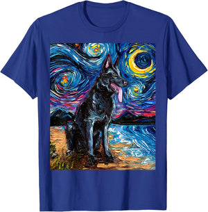 Black German Shepherd Starry Night Dog and Moon GSD Artwork T-Shirt - T-Shirt | Royal