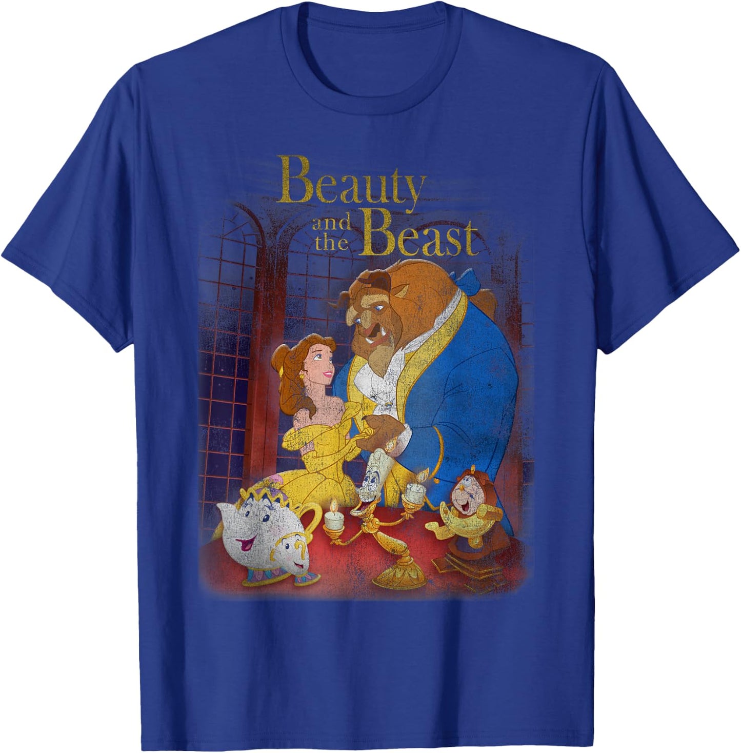 Disney Beauty and The Beast Distressed Vintage Group Shot T-Shirt - T-Shirt | Royal