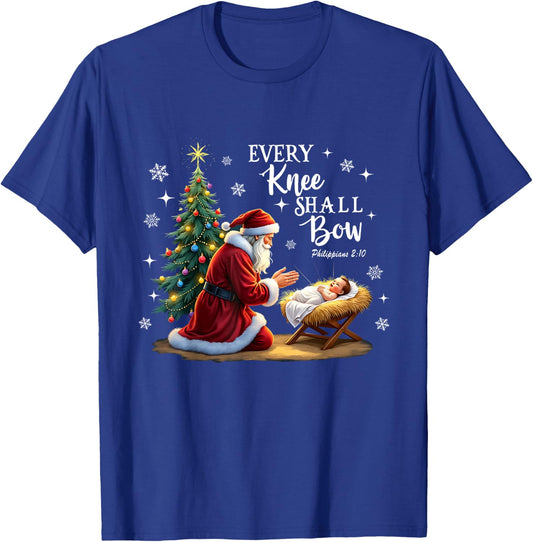 Every Knee Shall Bow, Manger Scene, Kneeling Santa Christmas T-Shirt - T-Shirt | Royal