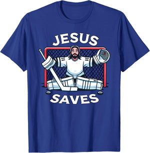 Funny Hockey Jesus Saves Goalie Sports Humor T-Shirt - T-Shirt | Royal