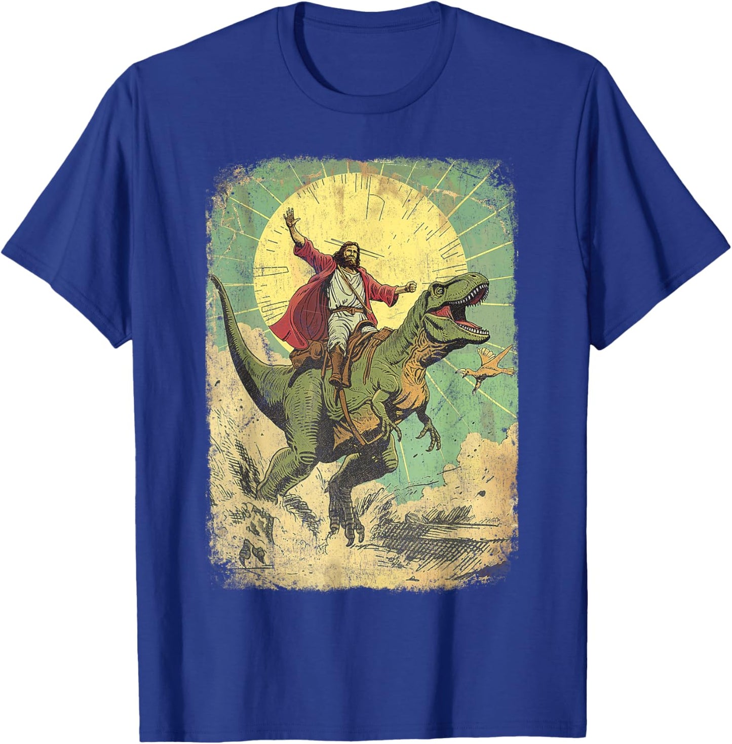 Jesus riding dinosaur Funny Christian retro dino raptor T-Shirt - T-Shirt | Royal