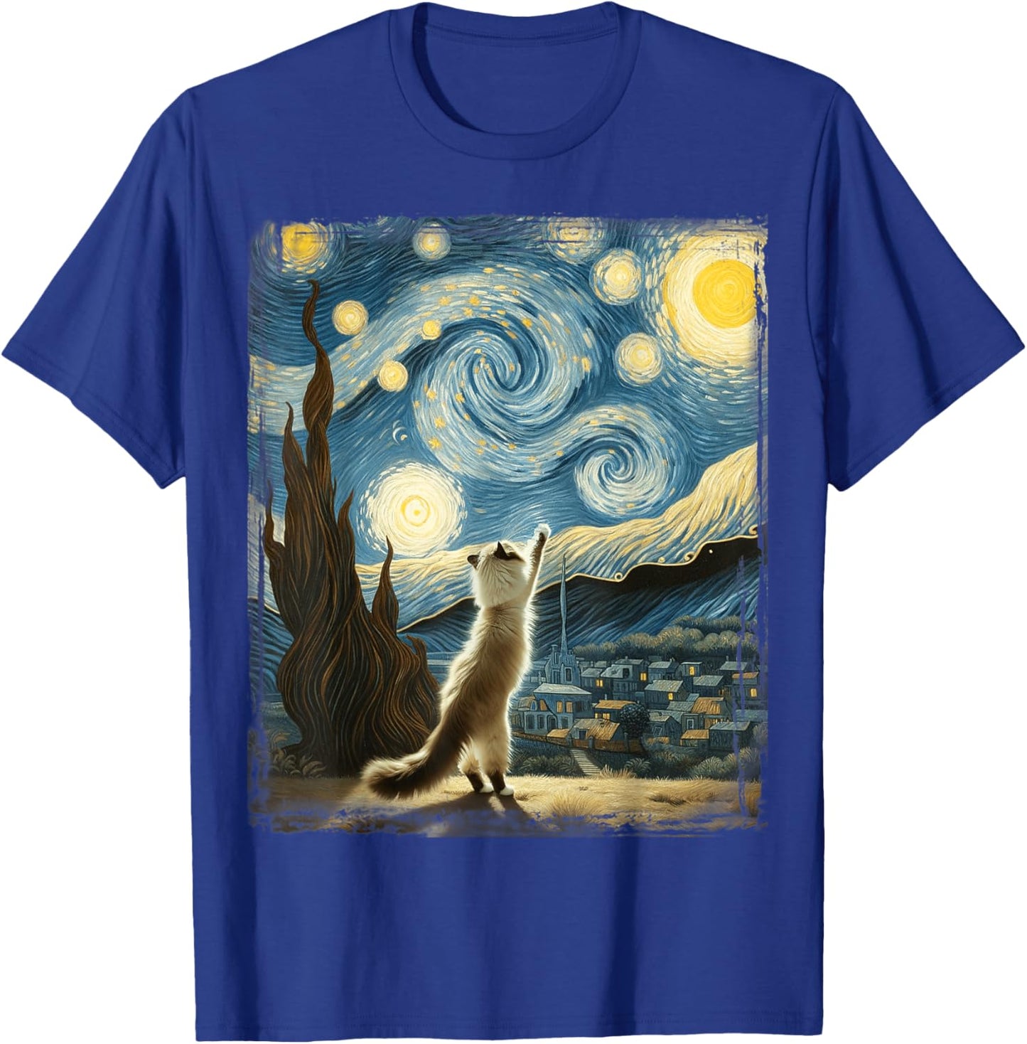 Van Gogh Starry Night Reaching Moon Artistic Pet Ragdoll Cat T-Shirt - T-Shirt | Royal