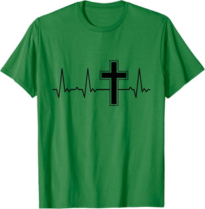 Heartbeat Graphic Gifts Women Men Kids Heartbeat Cross Grey -Adults, Kids Graphic Modern Graphic Small Classic Fit Short Sleeve Cotton, Polyester Blend T-Shirt - T-Shirt | Irish Green