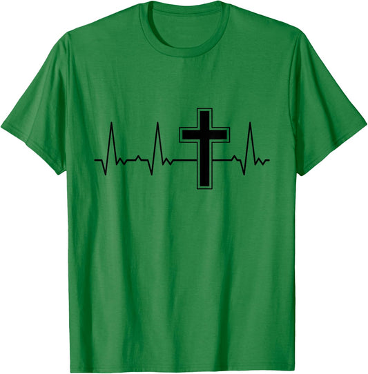 Heartbeat Graphic Gifts Women Men Kids Heartbeat Cross Grey -Adults, Kids Graphic Modern Graphic Small Classic Fit Short Sleeve Cotton, Polyester Blend T-Shirt - T-Shirt | Irish Green