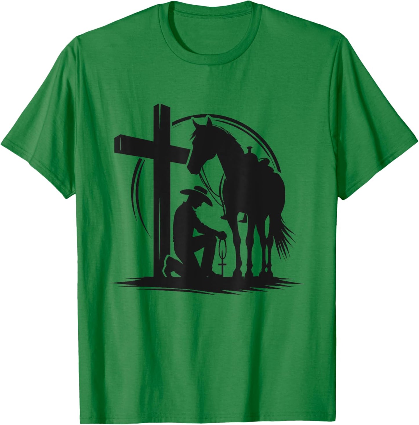 Praying Cowboy Kneeling Cross Western Bible Jesus Horse T-Shirt - T-Shirt | Irish Green