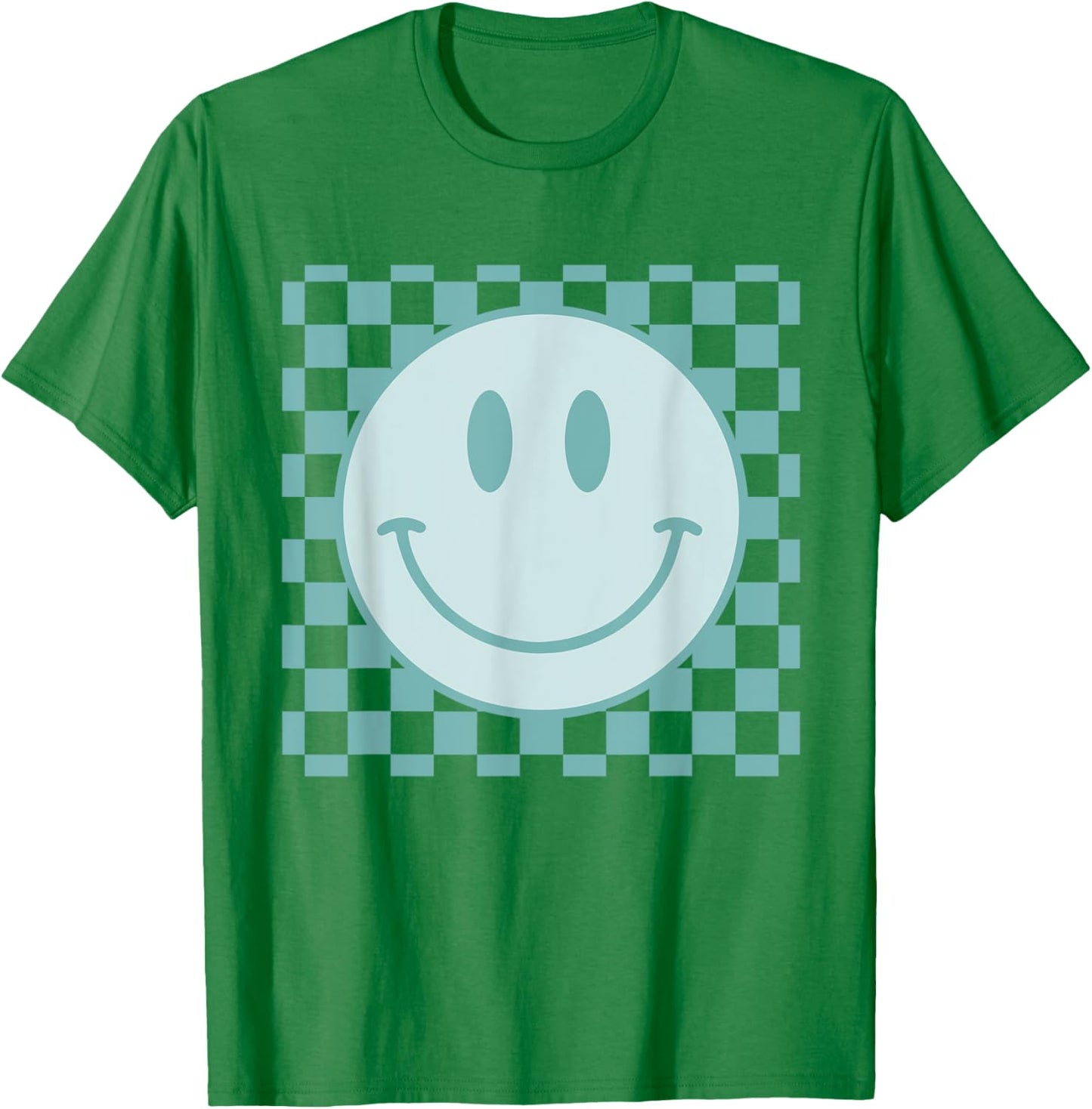 Retro Happy Face Checkered Pattern Smile Face Trendy T-Shirt - T-Shirt | Irish Green