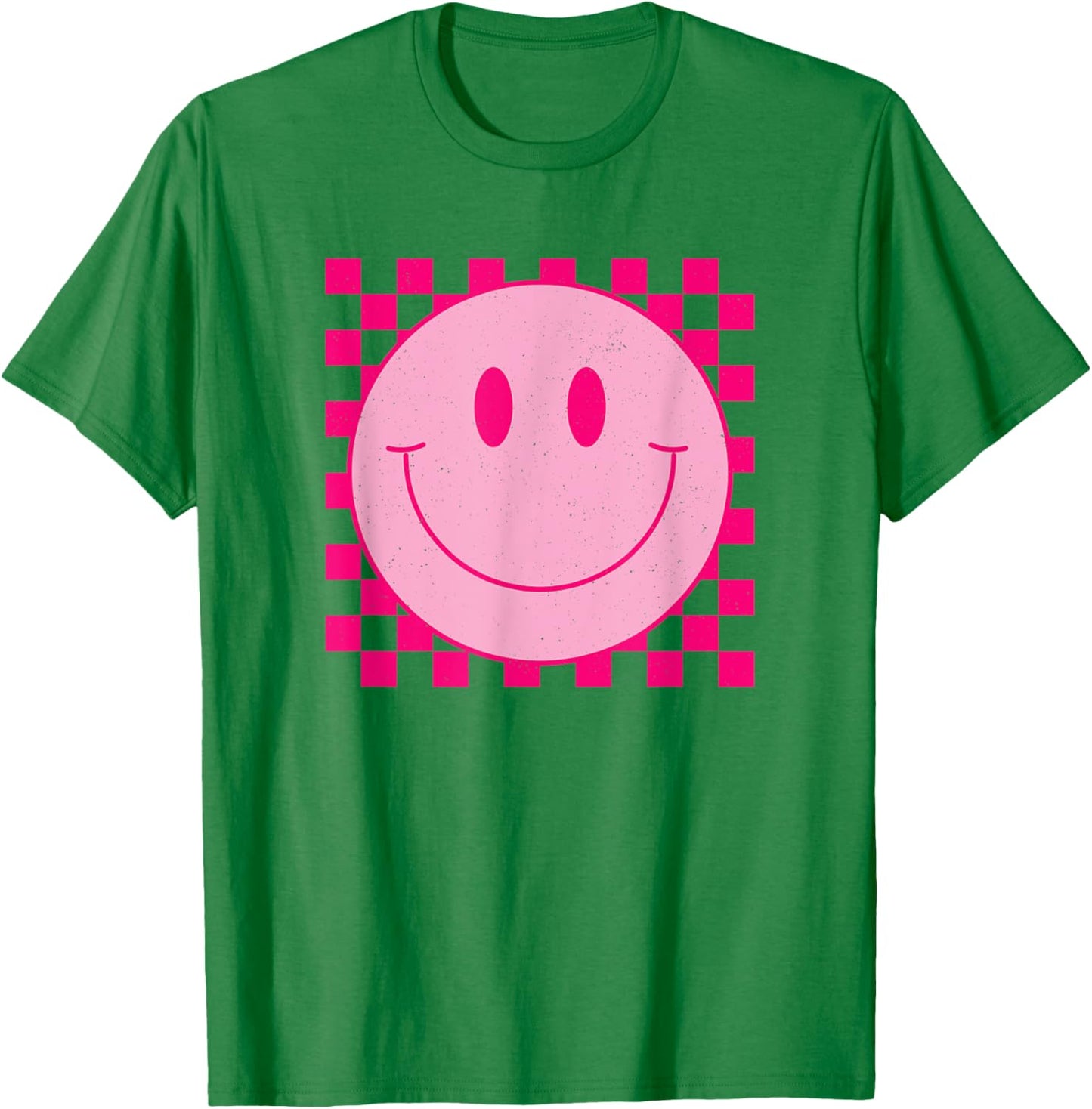 Vintage Pink Smile Face Cute Checkered Smiling Happy Face T-Shirt - T-Shirt | Irish Green