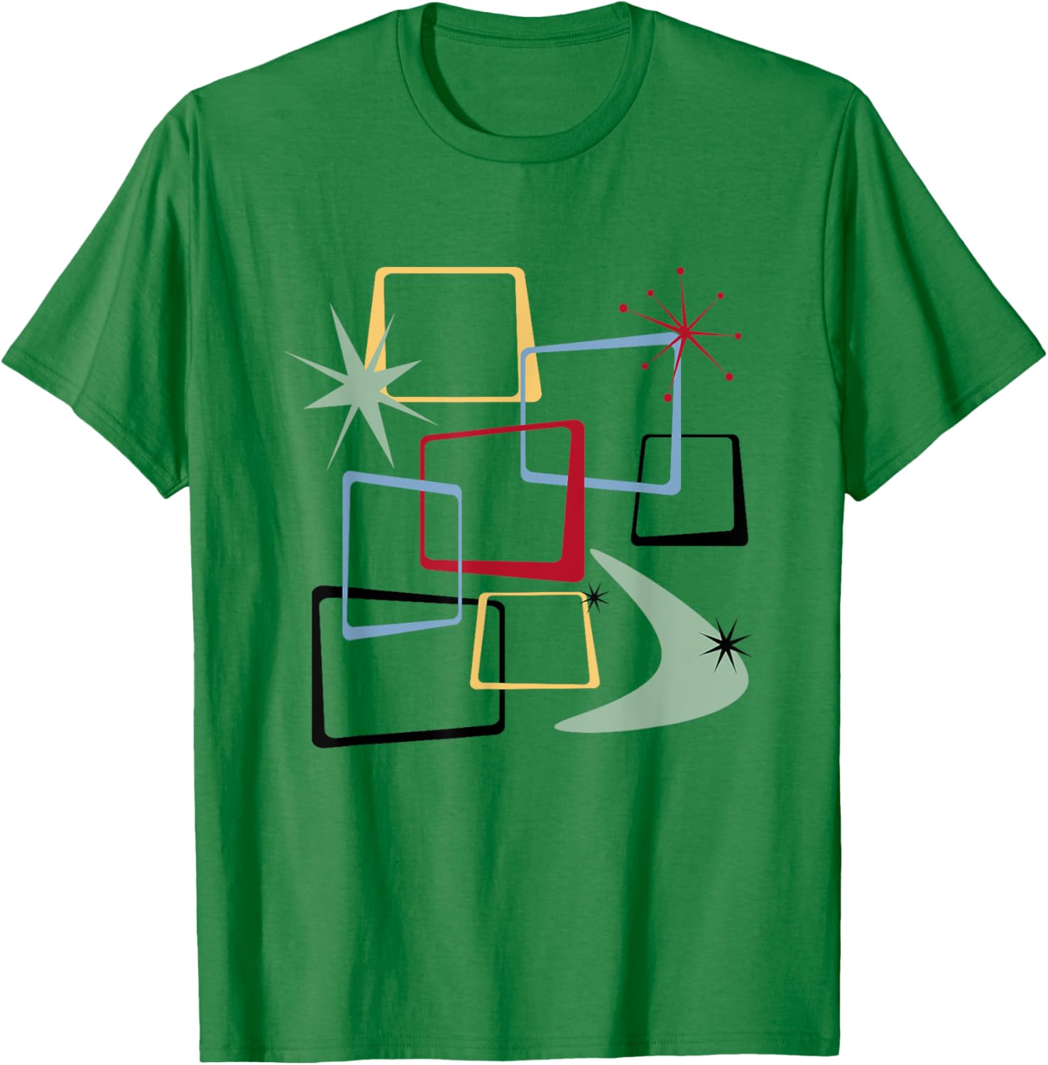 Retro Atomic Squares Stars And Boomerang Mid Century Modern T-Shirt - T-Shirt | Irish Green