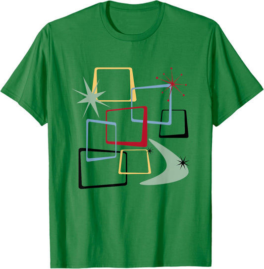 Retro Atomic Squares Stars And Boomerang Mid Century Modern T-Shirt - T-Shirt | Irish Green