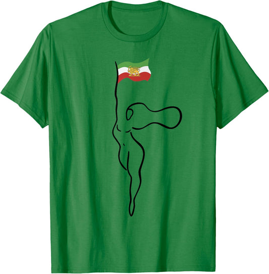 Iranian WOMAN holding Iran Flag with Lion Sun & Sword Symbol T-Shirt - T-Shirt | Irish Green