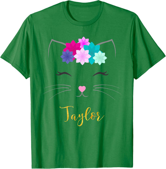 Taylor Name Gift Personalized Kitty Cat T-Shirt - T-Shirt | Irish Green