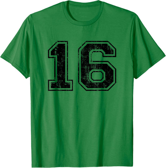 Number 16 Varsity Distressed Vintage Sport Team Player's Fan T-Shirt - T-Shirt | Irish Green