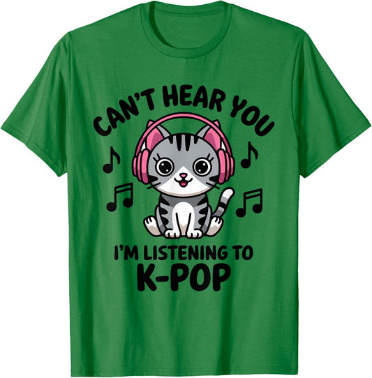 Cute Cat Listening to K-Pop Music Headphones Lovers T-Shirt - T-Shirt | Irish Green