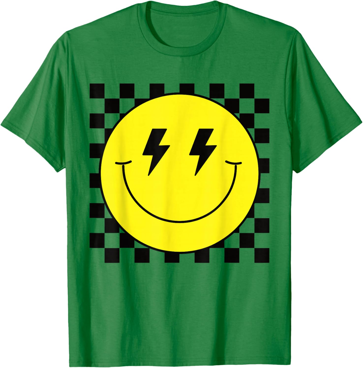 Checkered Lightning Eyes Yellow Smile Face Shirt Happy Face T-Shirt - T-Shirt | Irish Green