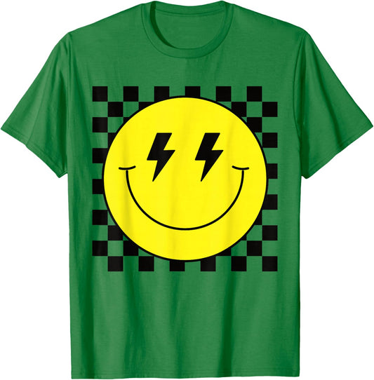 Checkered Lightning Eyes Yellow Smile Face Shirt Happy Face T-Shirt - T-Shirt | Irish Green