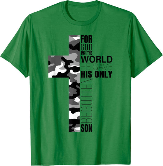 Camo Christian Cross Bible Verse John 3:16 Men Boys Faith T-Shirt - T-Shirt | Irish Green
