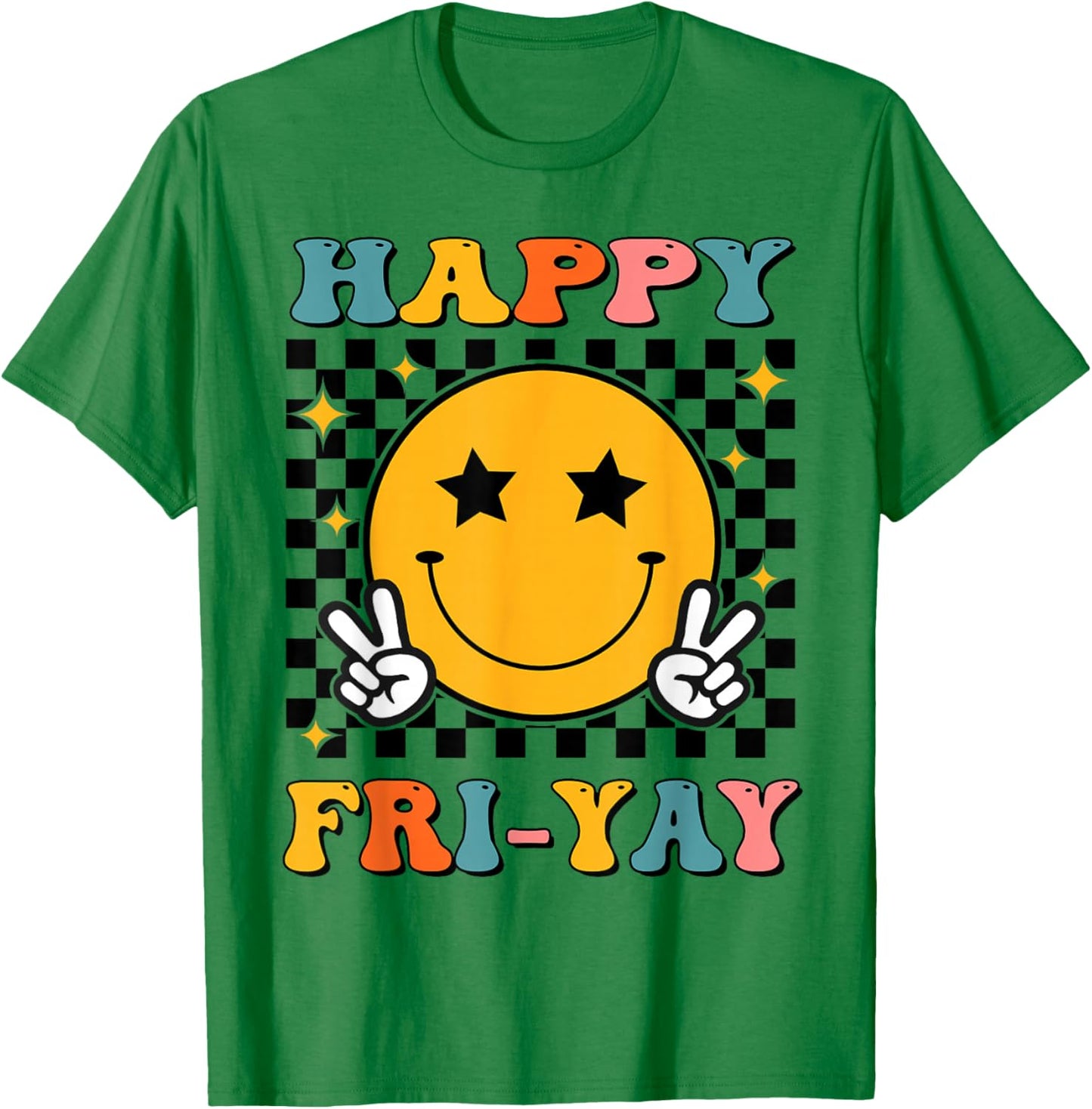 Retro Groovy Happy Fri-yay Friday Teacher Funny Friyay Men Women Kids T-Shirt - T-Shirt | Irish Green