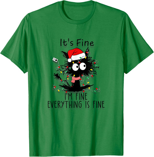 Funny Frazzled Cat At Christmas I'm Fine Everything Is Fine Men Women T-Shirt - T-Shirt | Irish Green