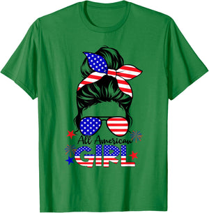 4th of July All American Girls Messy Bun T-Shirt - T-Shirt | Irish Green
