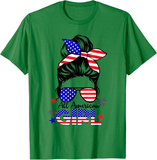 4th of July All American Girls Messy Bun T-Shirt - T-Shirt | Irish Green