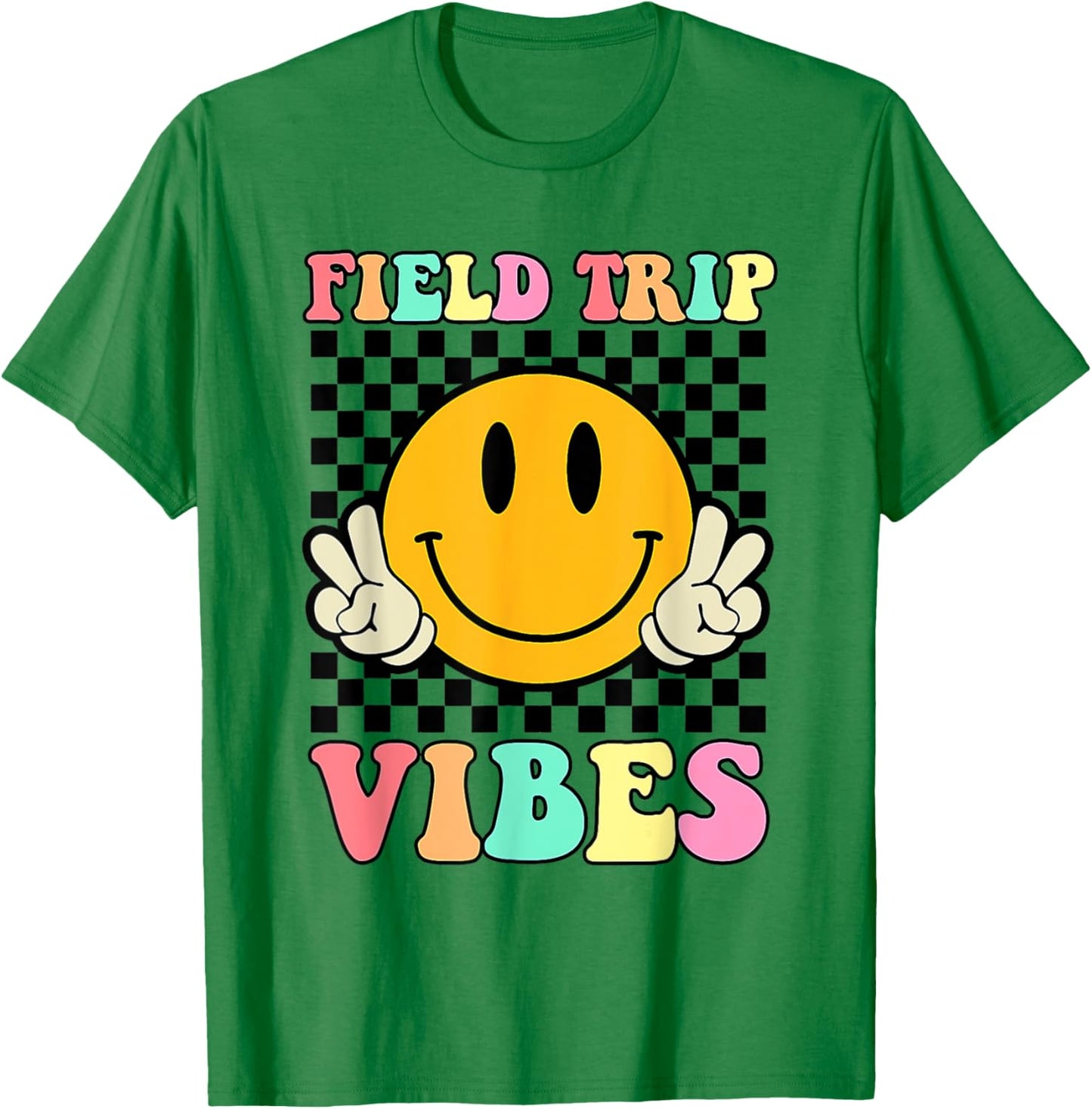 Field Trip Vibes Face Smile Retro Groovy Field Day 2024 T-Shirt - T-Shirt | Irish Green