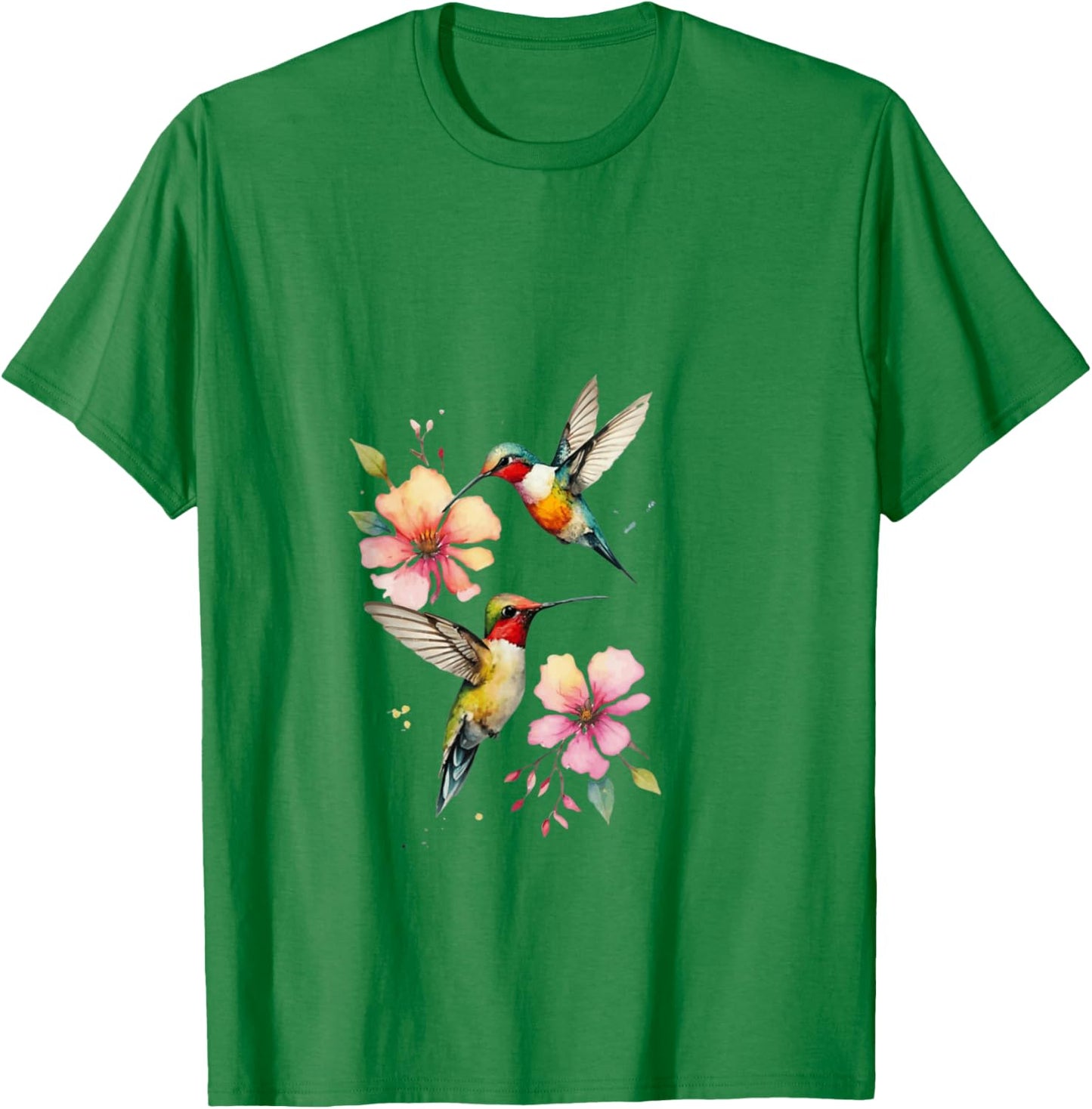 Vibrant Hummingbirds and Floral Watercolor Artwork T-Shirt - T-Shirt | Irish Green