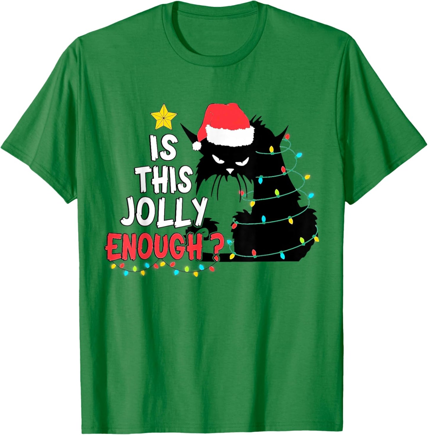 Is This Jolly Enough Black Cat Merry Christmas Tree Lights T-Shirt - T-Shirt | Irish Green