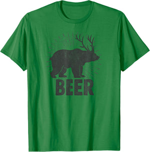 Funny Beer Drinking Design Bear, Deer Combination Distressed T-Shirt - T-Shirt | Irish Green